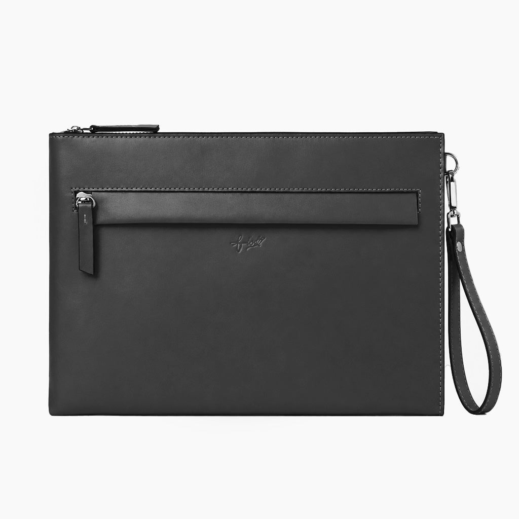 Black Genuine Leather Clutch Wristlet Pouch