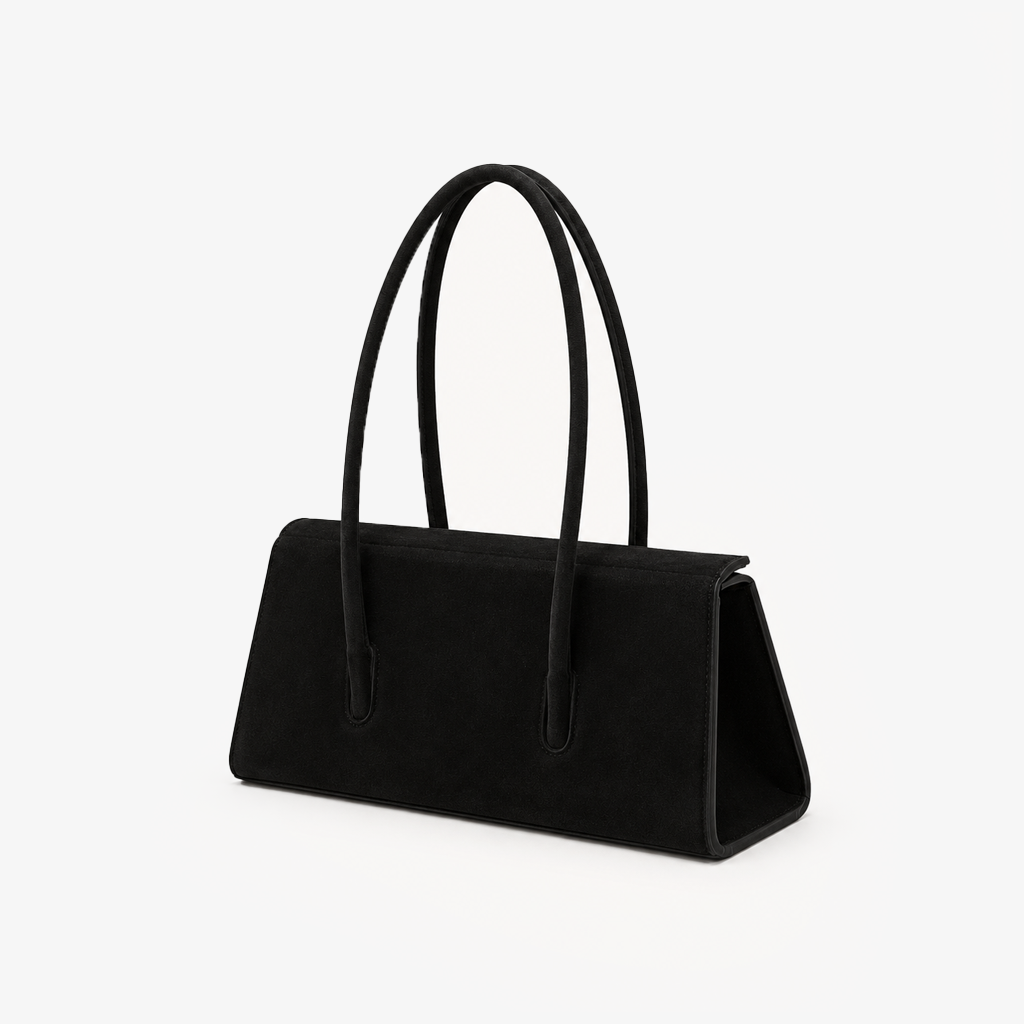 Black Suede Trapezoid Structured Tote