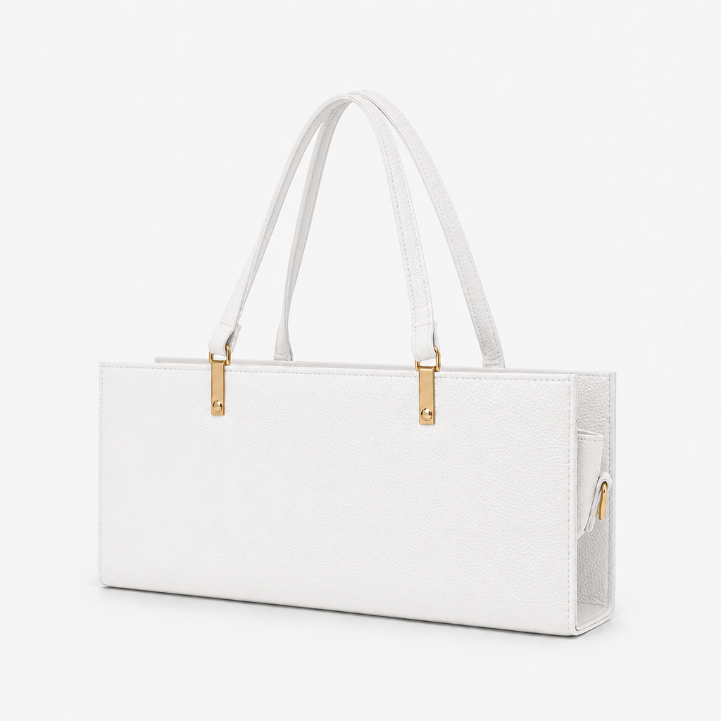 White Rectangle Box Bag front view gold hardware FUR Pakistan