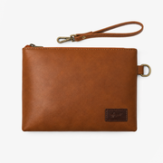 Tan Cognac PU Leather Wristlet Clutch Bag – Smooth Finish Pouch with Detachable Strap, Brass Hardware & Branded Patch