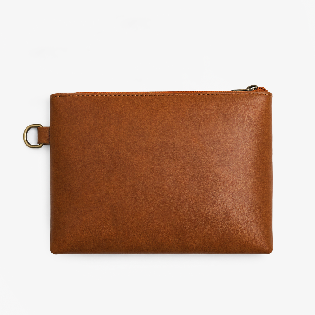 FUR Tan Cognac Clutch Bag front view brass hardware branded patch men Pakistan