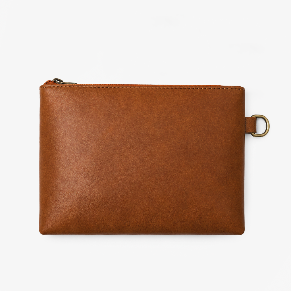Tan Cognac PU Leather Wristlet Clutch Bag – Smooth Finish Pouch with Detachable Strap, Brass Hardware & Branded Patch