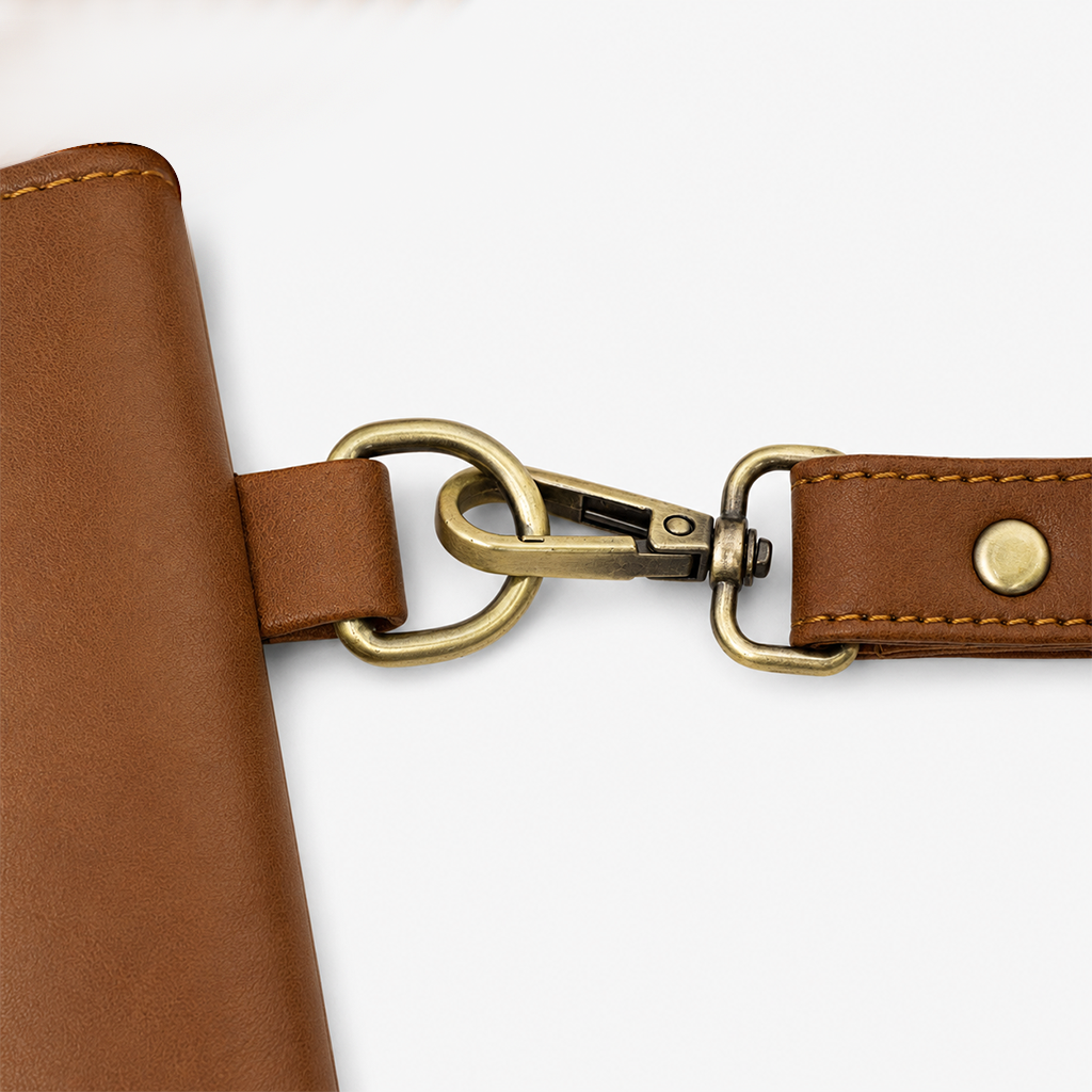 FUR Tan Cognac Wristlet Clutch back view carabiner snap hook men Pakistan