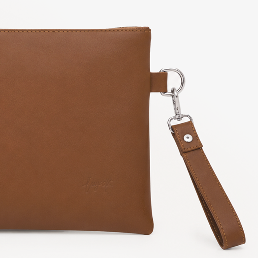 Tan Cognac Genuine Leather Clutch Wristlet | 100% Pure Cow Leather | Silver Hardware | Unisex