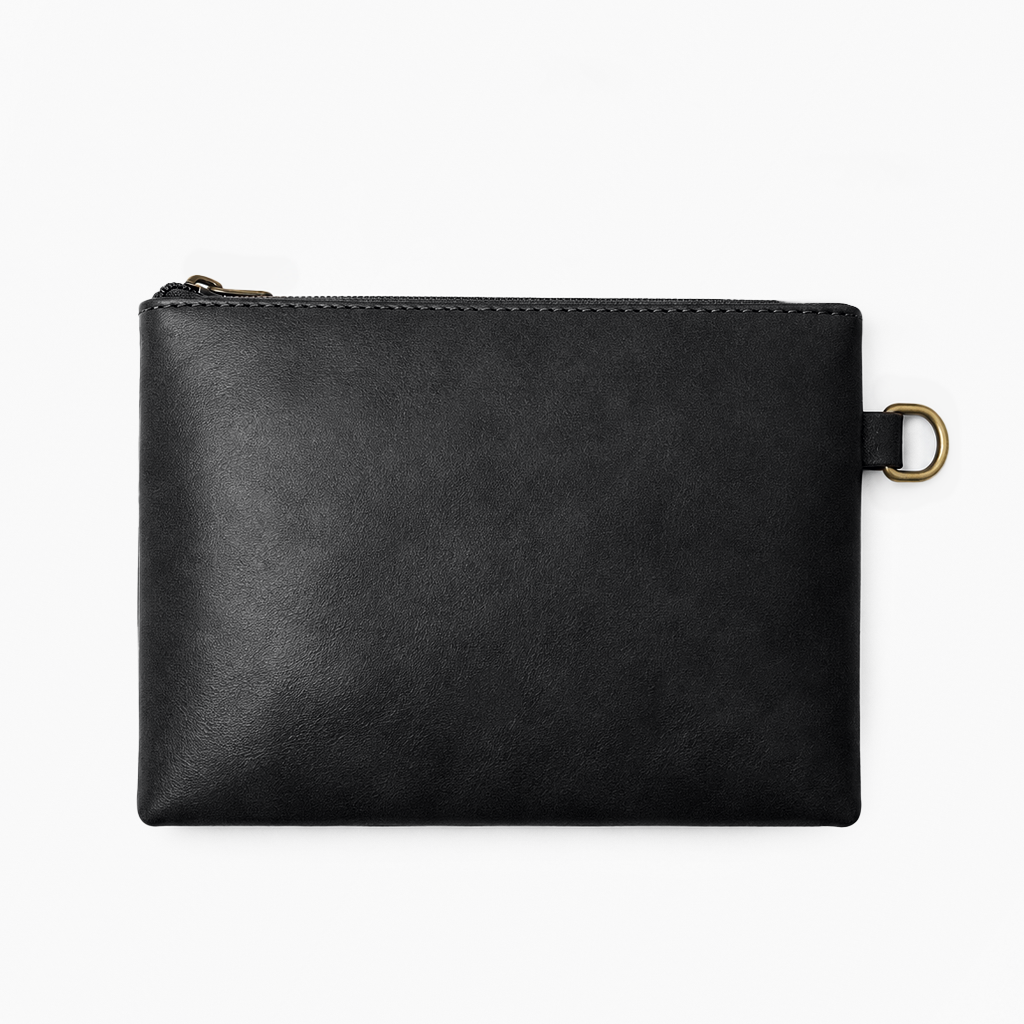 Black Cognac PU Leather Wristlet Clutch Bag – Smooth Finish Pouch with Detachable Strap, Brass Hardware & Branded Patch