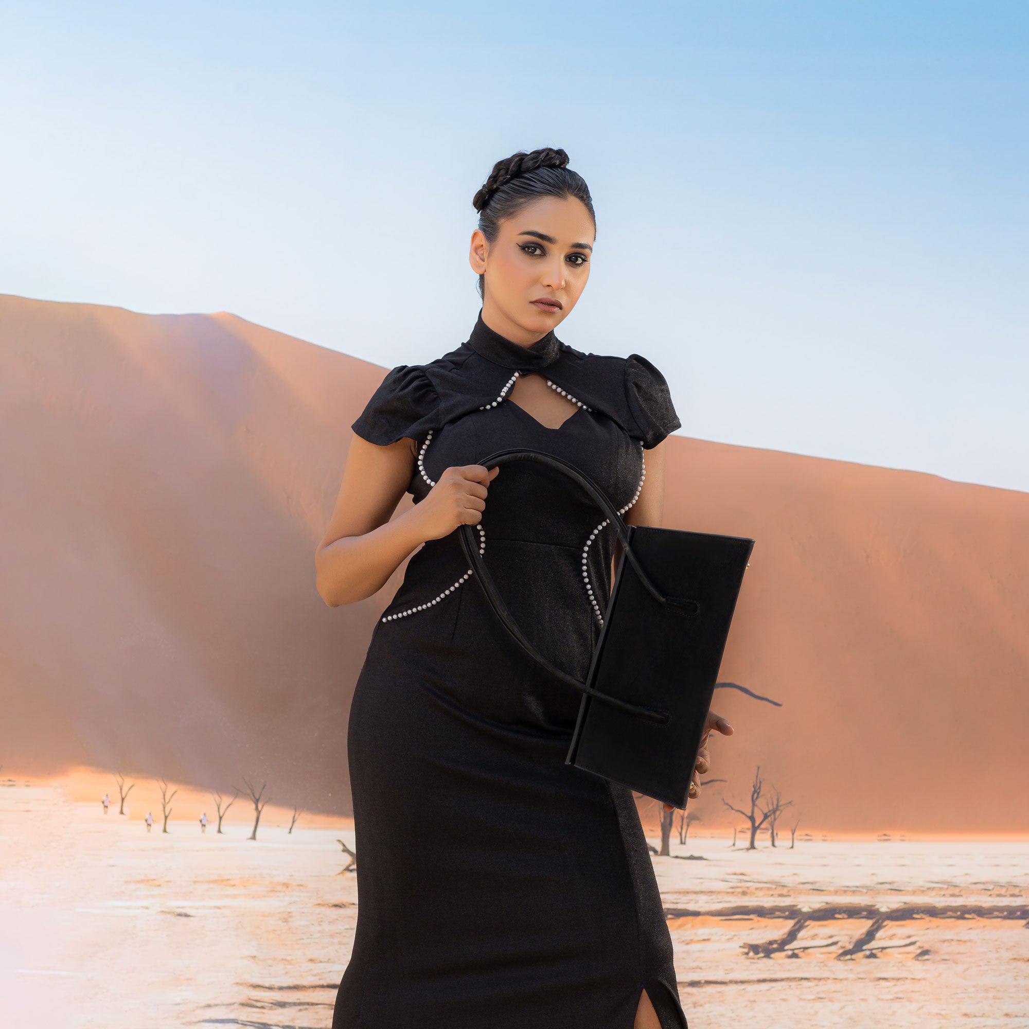 Black Suede Trapezoid Structured Tote