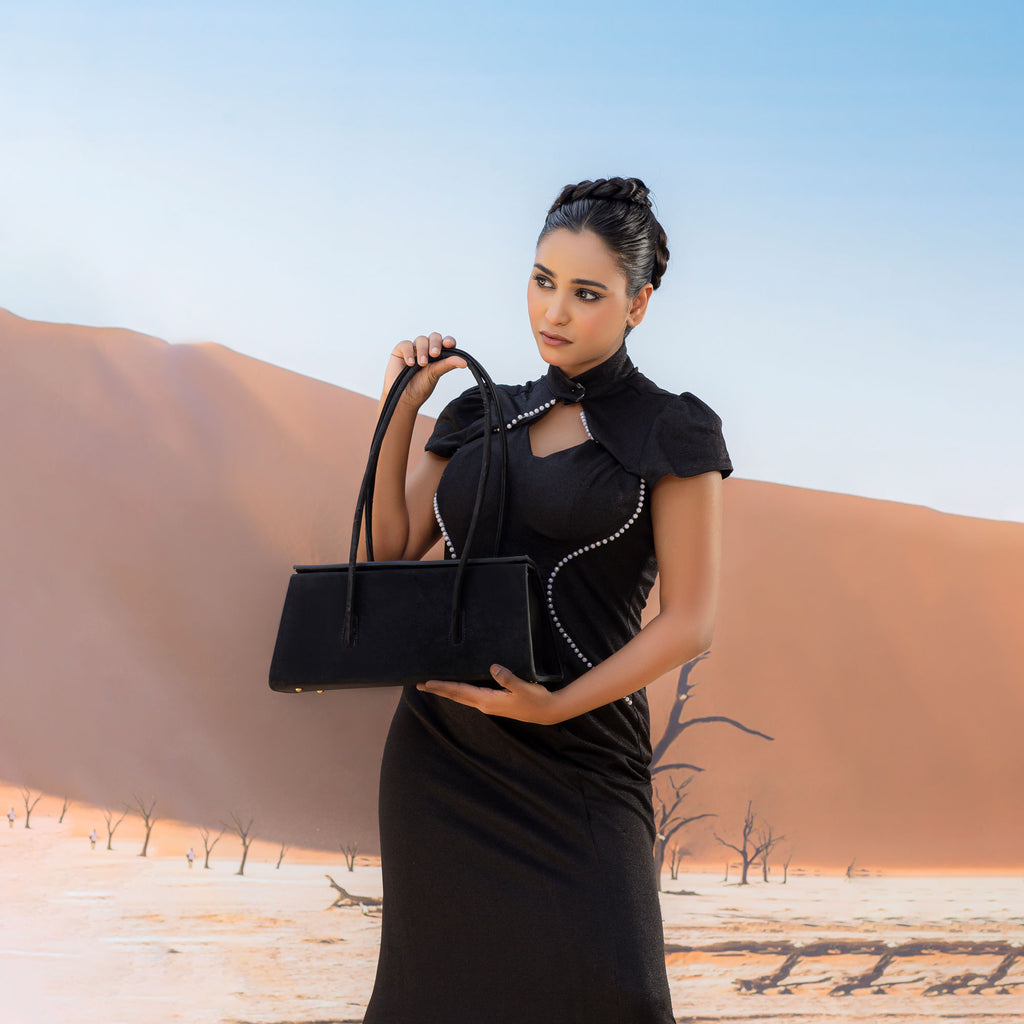 Black Suede Trapezoid Structured Tote