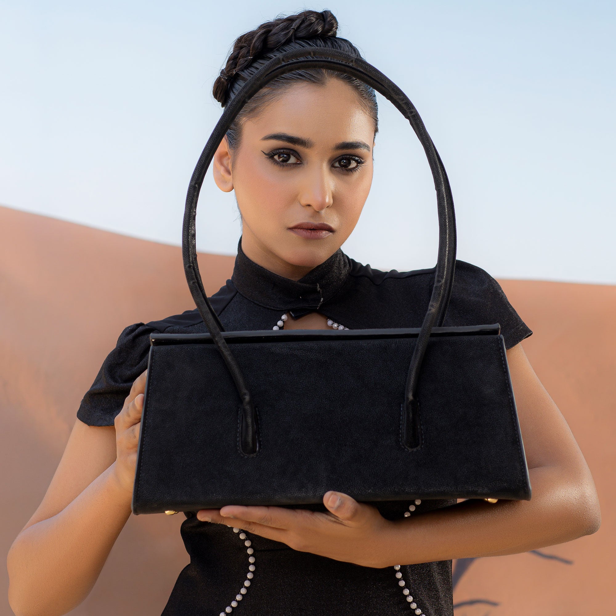 Black Suede Trapezoid Structured Tote