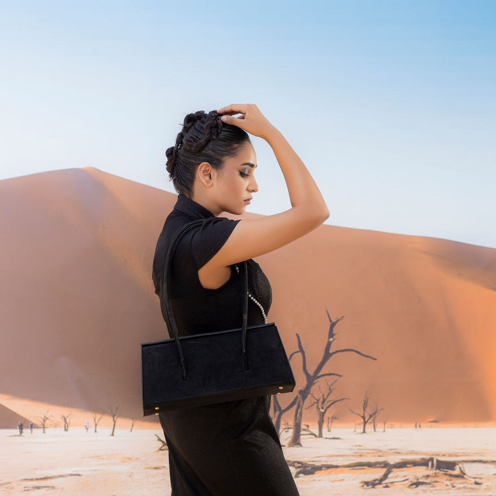 Black Suede Trapezoid Structured Tote