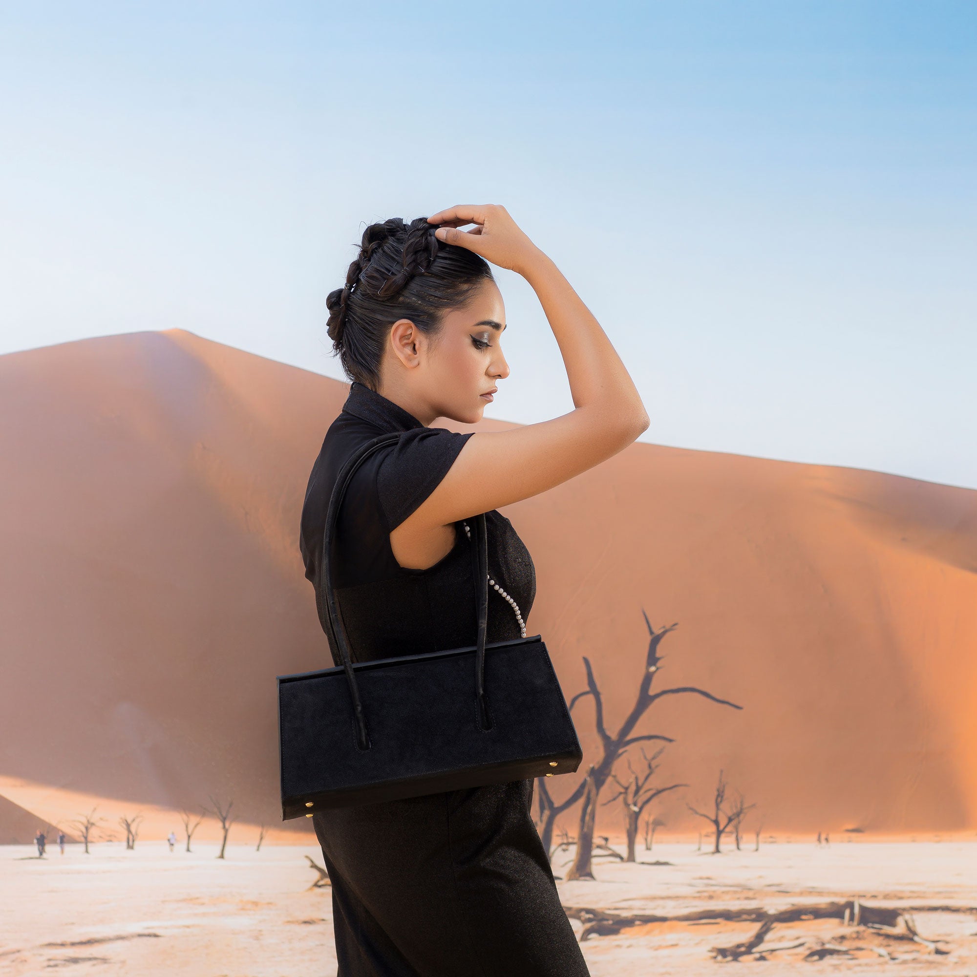Black Suede Trapezoid Structured Tote