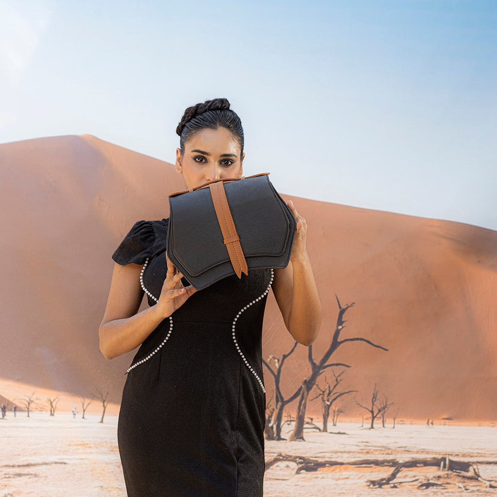 Black & Beige Geometric Structured Satchel