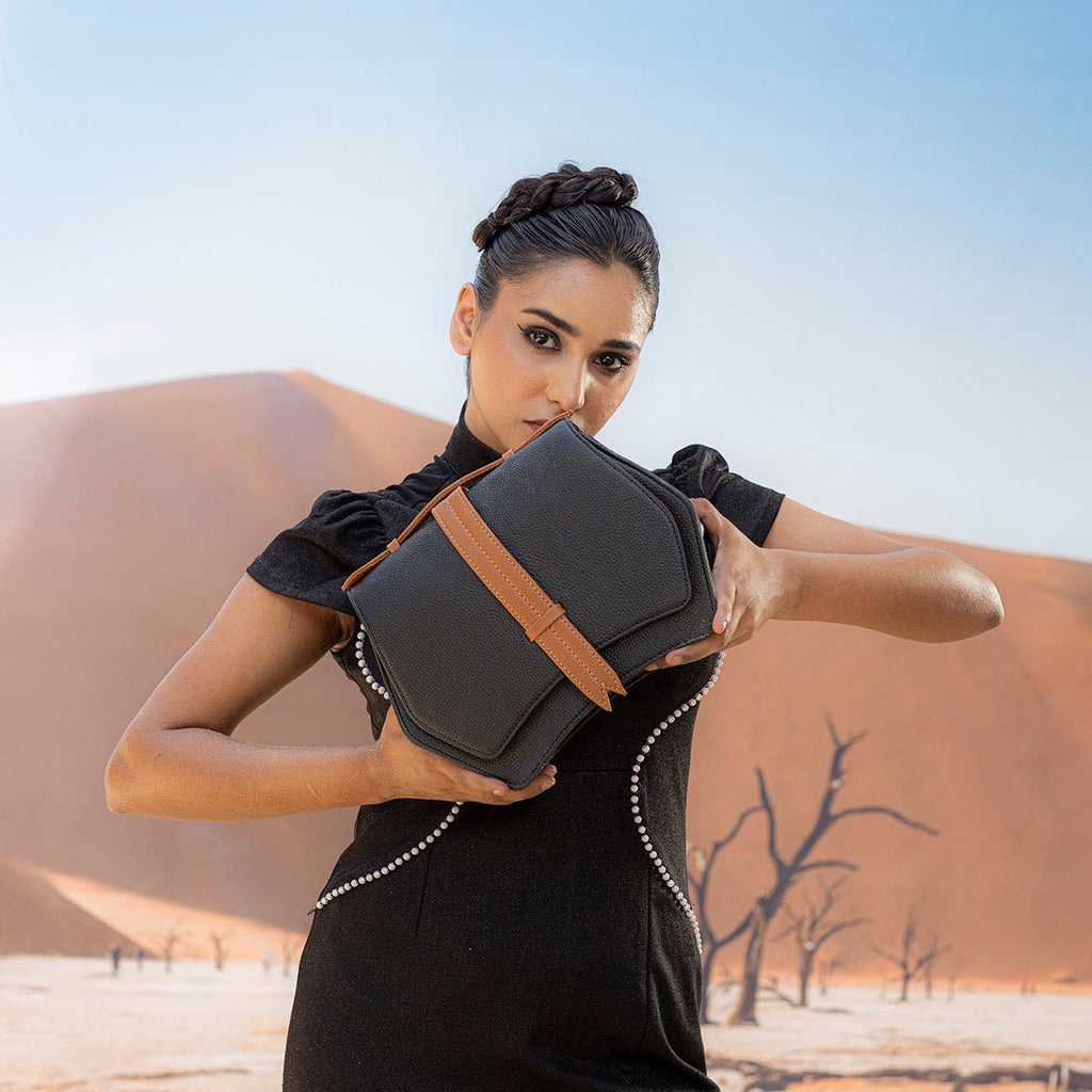 Black & Beige Geometric Structured Satchel