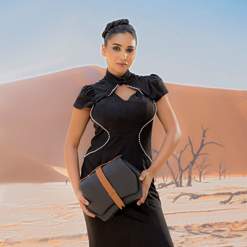 Black & Beige Geometric Structured Satchel