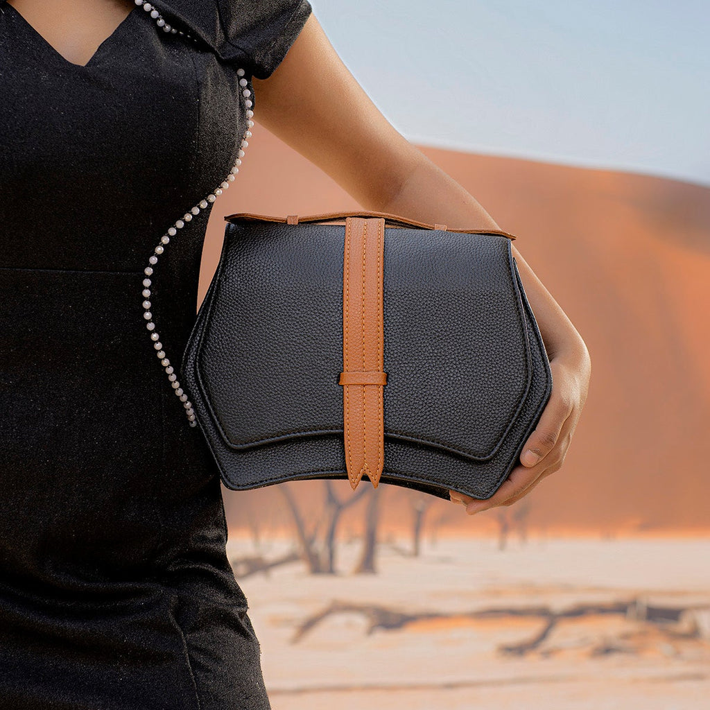 Black & Beige Geometric Structured Satchel