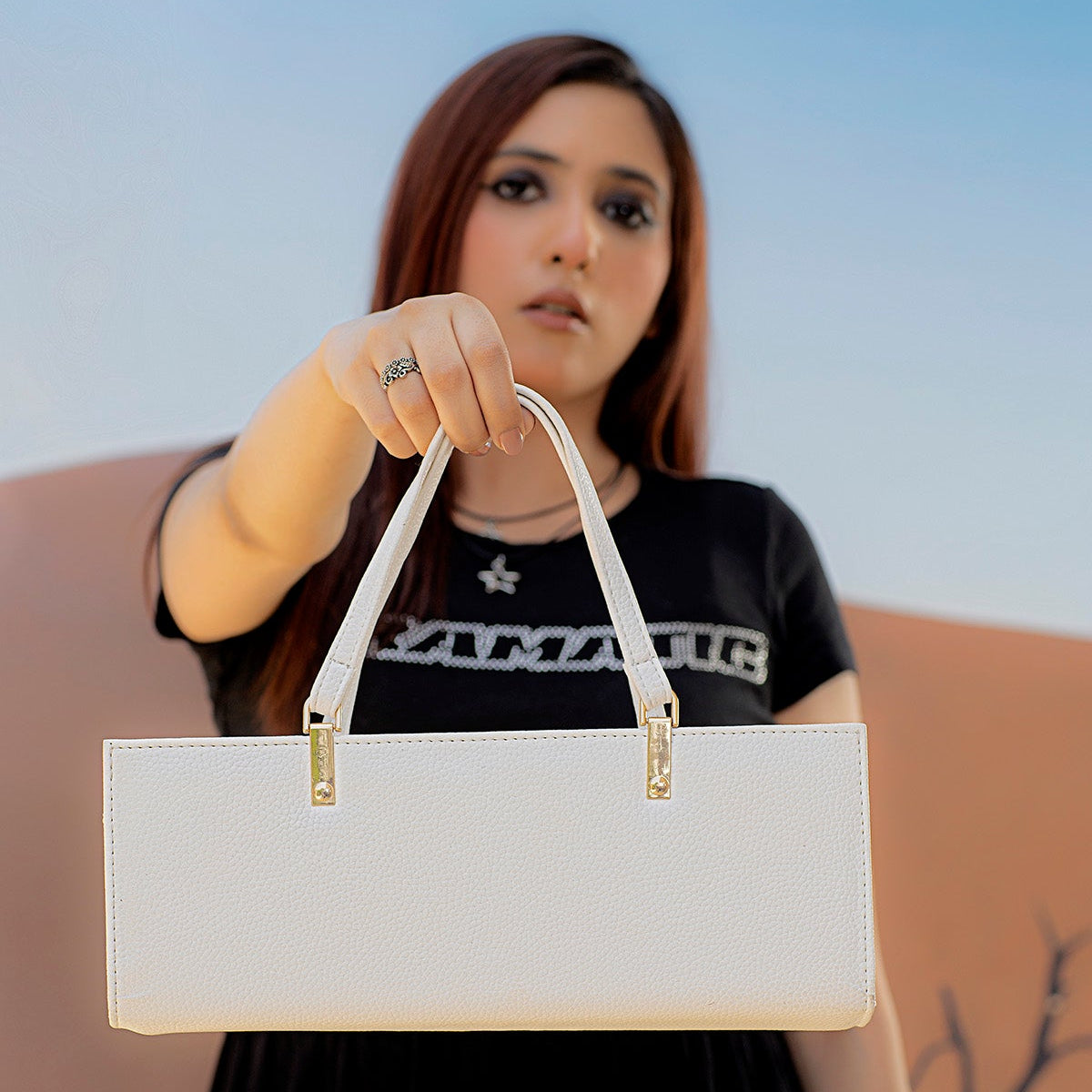 White Grained PU Leather Rectangle Box Bag