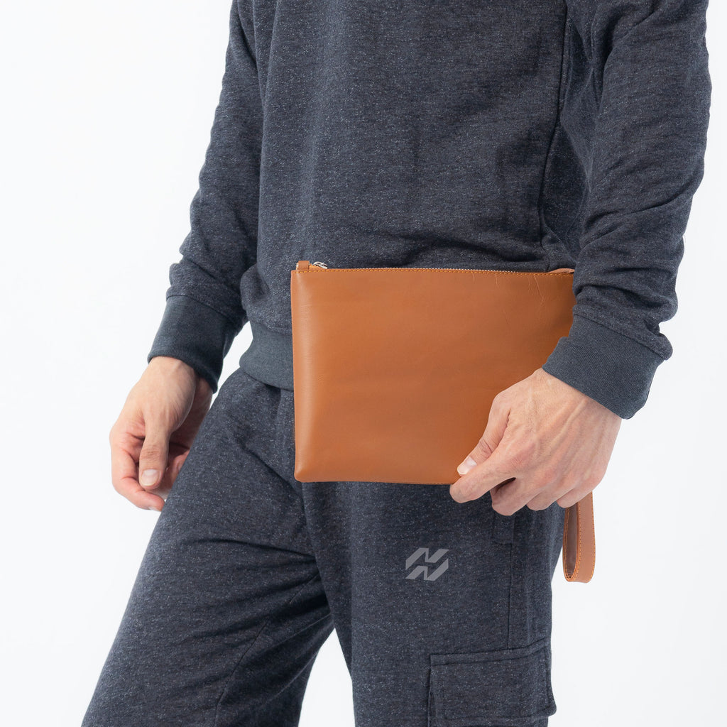 Tan Cognac Genuine Leather Clutch Wristlet | 100% Pure Cow Leather | Silver Hardware | Unisex