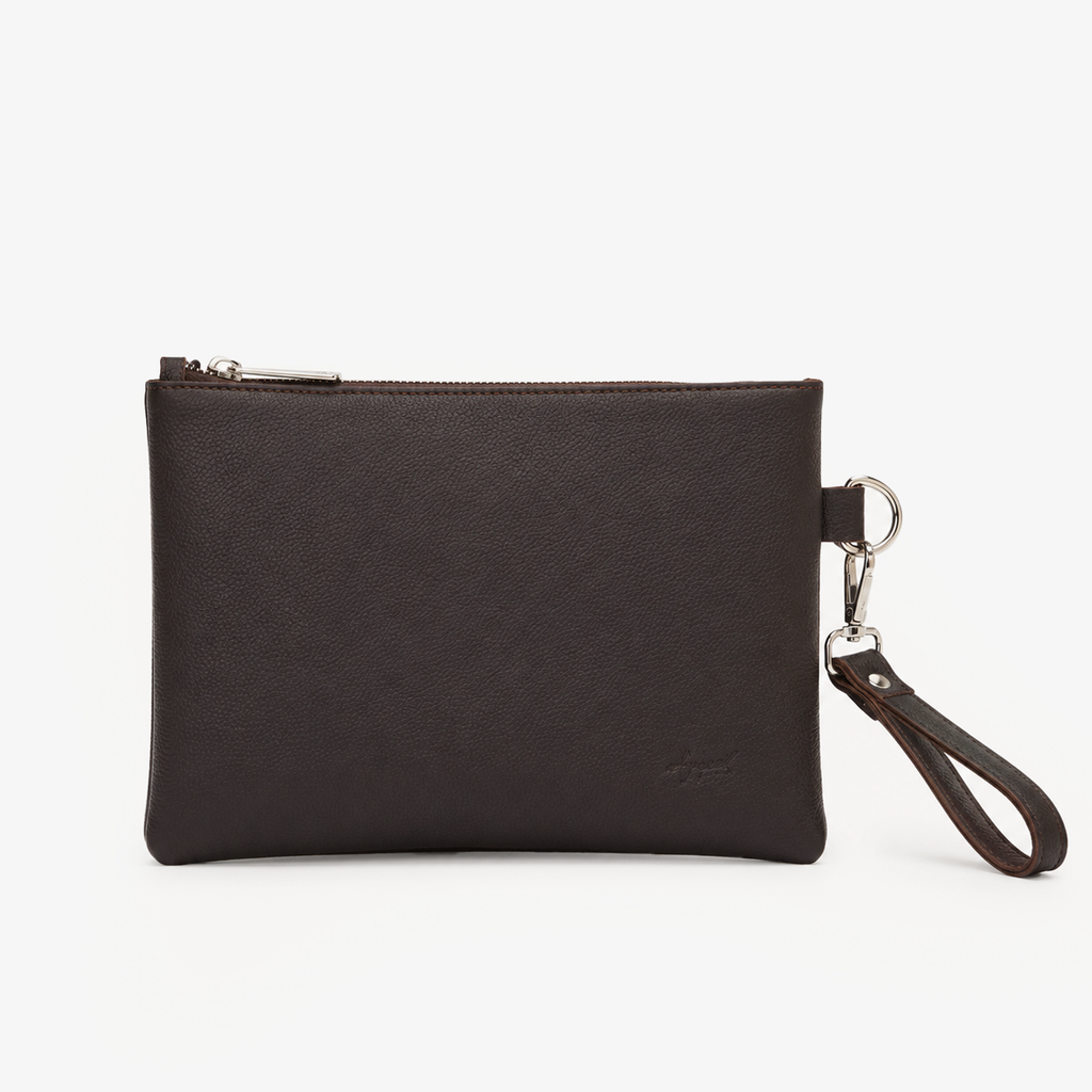 Espresso Brown Genuine Leather Clutch Wristlet | 100% Pure Cow Leather | Silver Hardware | Unisex