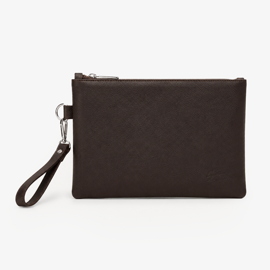 Espresso Brown Genuine Leather Clutch Wristlet | 100% Pure Cow Leather | Silver Hardware | Unisex