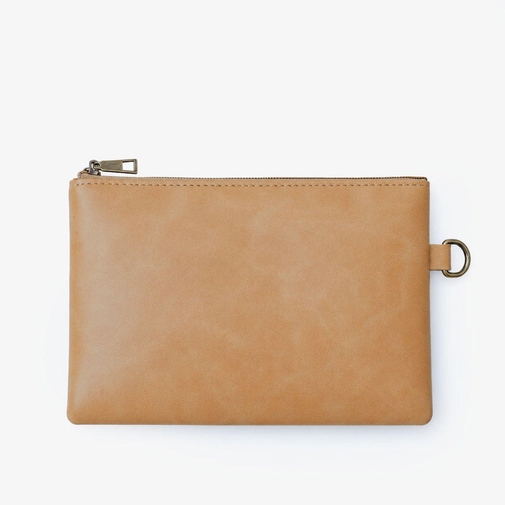 Offwhite Cognac PU Leather Wristlet Clutch Bag – Smooth Finish Pouch with Detachable Strap, Brass Hardware & Branded Patch