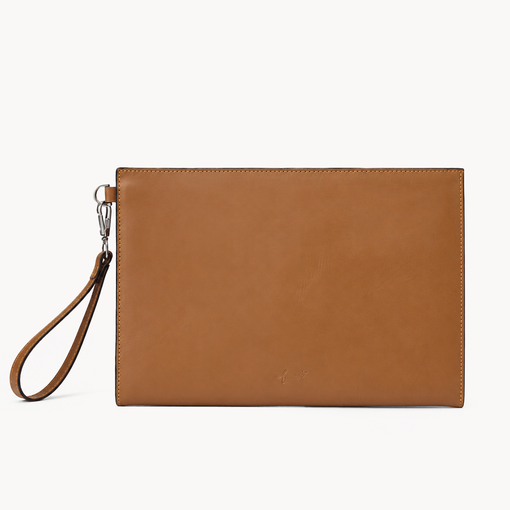 Tan Cognac Genuine Leather Clutch Wristlet Pouch